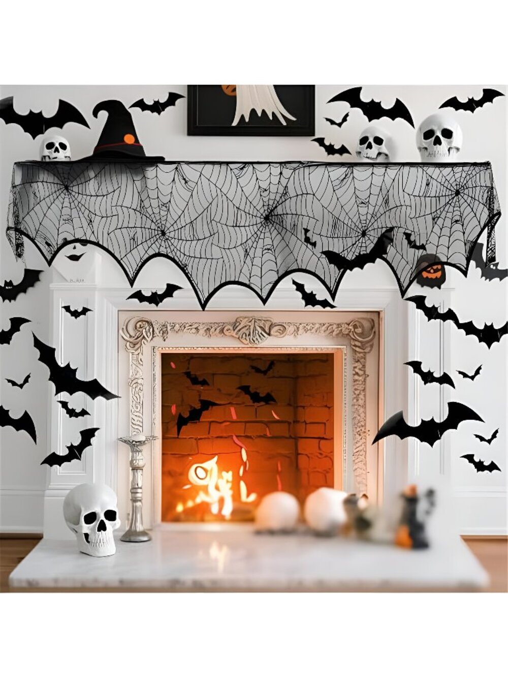 61 Pcs Halloween Mantel Decor Set, with Spiderweb Cover and Bat Stickers